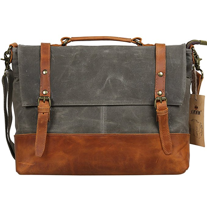 S-ZONE Vintage Water Resistance Canvas Leather Messenger Traveling Briefcase Shoulder Laptop Bag