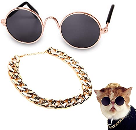 Secaden Funny Pet Classic Retro Circular Sunglasses and Gold Color Chain Necklace for Cats Small Dogs