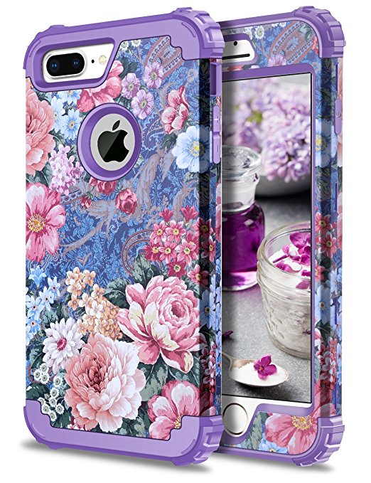 iPhone 7 Plus Case iPhone 8 Plus Case,HoneyAKE Heavy duty Protection Shockproof Military Silicone Bumper Flowers floral Shell case Armor High Impact Resistant Protective Cover Case for iPhone 7/8 Plus