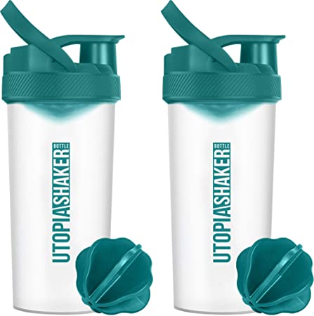 Utopia Home 2-Pack 28-Ounce Fitness Sports Classic Protein Mixer Shaker Bottle-BPA Free & Leakproof (Clear/Teal)