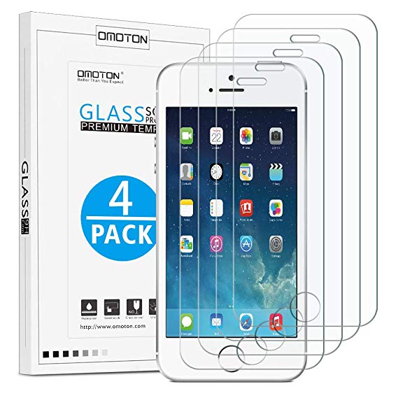 [4 Pack] OMOTON Tempered Glass Screen Protector Compatible with iPhone SE/5S/5C/5