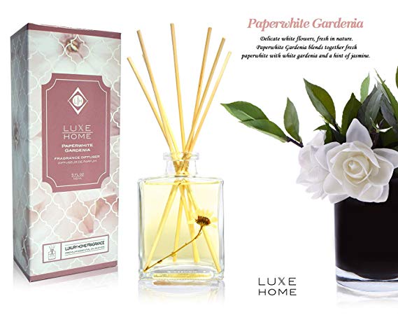 Luxe Home Paperwhite Gardenia Reed Diffuser Set | Jasmine Fragrance Notes | Beautiful Home Decor & Home Scent | Real Flower Inside The Bottle!