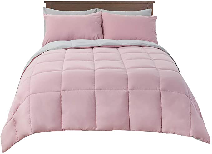 Wholesale Beddings Reversible Hypoallergenic Down Alternative Comforter, Medium Warmth (28-Ounces of Fill) Twin-Twin XL Size Blanket, Blush-Grey