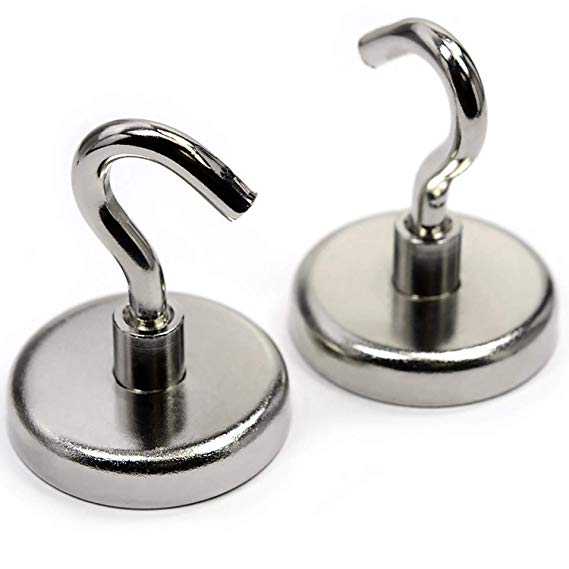 2 Pieces of 110 Pound Holding Power Each Magnetic Hooks - the Strongest Magnetic Hooks Available - CMS Magnetics Silver Color - Buy Now and Have your Job Done