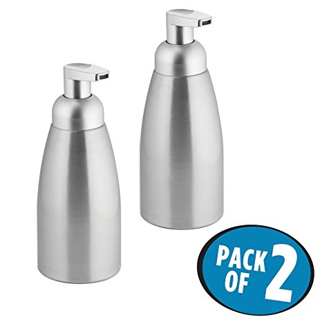 mDesign Rustproof Aluminum Foaming Soap Dispenser Pump, for Kitchen or Bathroom - Pack of 2, Brushed/Silver