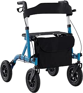 COSTWAY Foldable Rollator, Height Adjustable Rolling Walker with Seat, 24CM All Terrain Wheel, Storage Bag, Lightweight Walking Aid Frame for for Elderly & Disabled, 160 KG Weight Capacity (Blue)