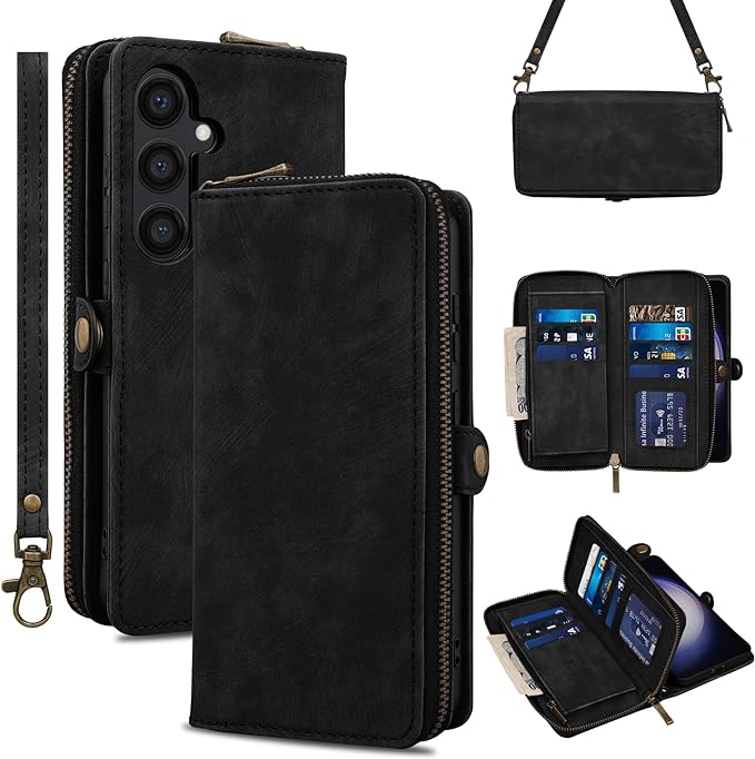 Rssviss Wallet Case for Samsung Galaxy S24 /Plus 5G Crossbody with Card Holder Wrist Strap, 【RFID Blocking】 Flip Zipper Case for S24  PU Leather, Purse Cover for Samsung S24 Plus Men Women 6.7" Black