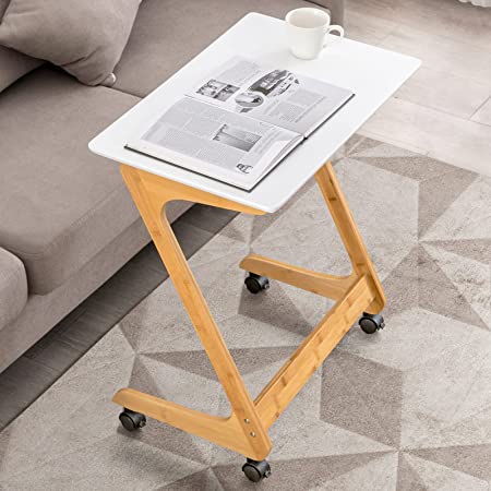 Nnewvante TV Tray Table with Wheels Sofa Side Table with Casters Couch Laptop Desk End Table Snack Tray for Living Room Bedroom Small Spaces White Bamboo 23.5'' x 15.8''