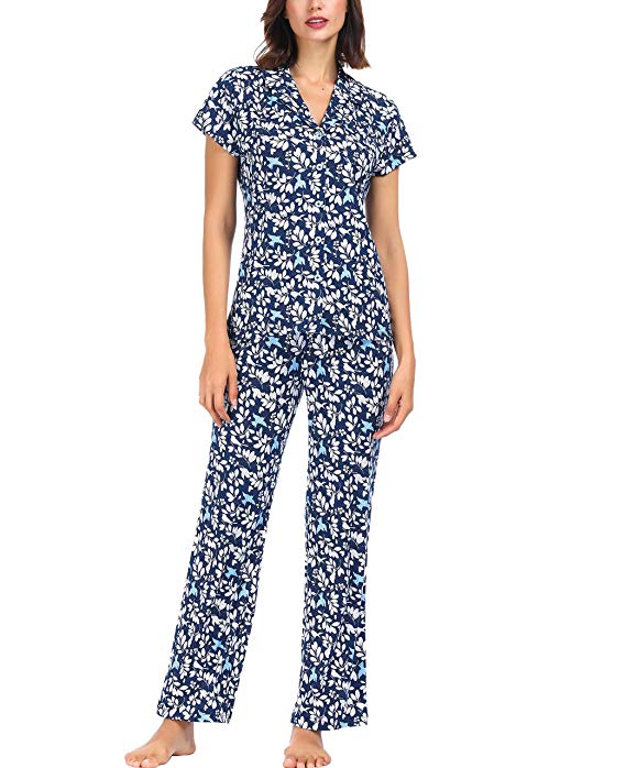 Ink Ivy Women Pajama Set Short Sleeve Button Collar Shirt and Lounge Pants
