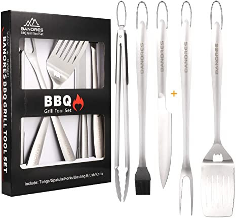 BANORES BBQ Grill Accessories, Grill Utensils Sets 18 inch Lengthened Thick Handle Stainless Steel BBQ Tool Set Hangable for Kitchen/Backyard Barbecue
