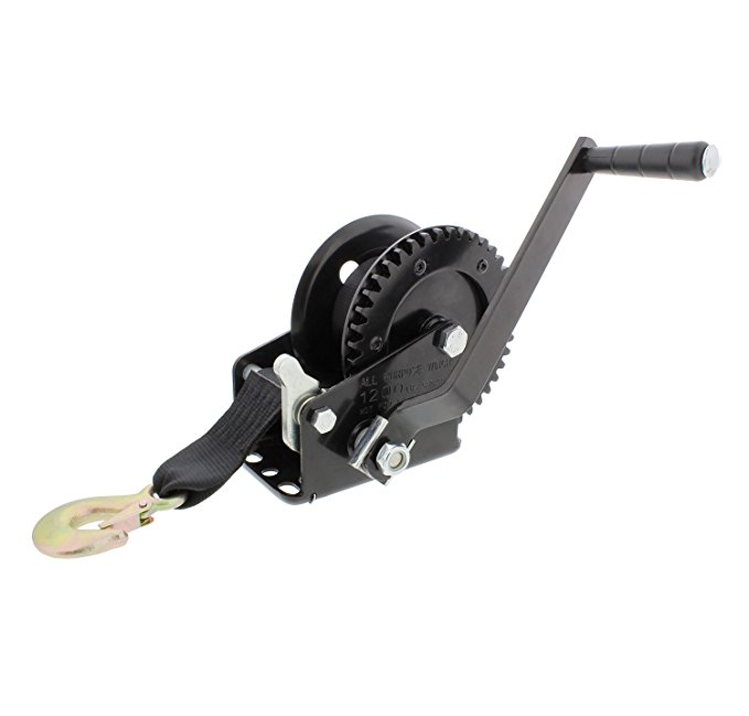 ABN Heavy Duty Single Gear Hand Crank Gear Winch with Strap and Hook – 1,200 lb pound Come Along for Trailer, Boat, ATV