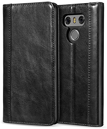 LG G6 Case, ProCase Genuine Leather Wallet Case for LG G6, Flip Fold Card Case with Multiple Card Slots and Stylish Ultra Slim Kickstand, Magnetic Closure Cover for LG G6 -Black