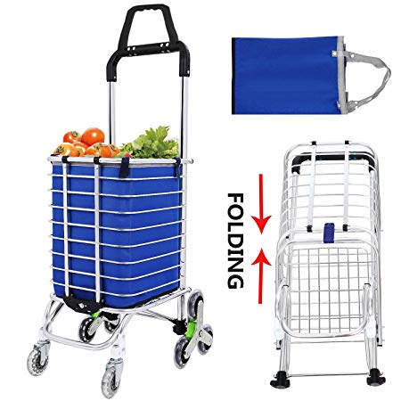 Folding Grocery Shopping Cart, Aluminum Double Handle Climbing Grocery Utility Cart with Removable Waterproof Oxford Cloth Bag and 8 Rolling Wheel for Stairs (39.8”Handle Length)