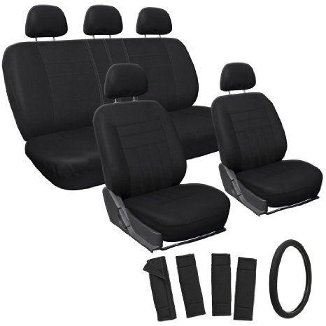 Oxgord 17pc Set Flat Cloth Mesh / Auto Solid Black Seat Covers Set - Airbag Compatible - Front Low Back Buckets - 50/50 or 60/40 Rear Split Bench - 5 Head Rests - Universal Fit for Car, Truck, Suv, or Van - FREE Steering Wheel Cover