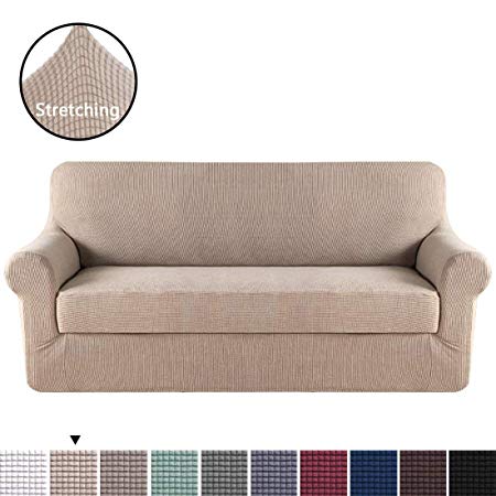 H.VERSAILTEX High Stretch Sofa Cover 2 Pieces Machine Washable Stylish Furniture Cover/Protector with Spandex Jacquard Checked Pattern Fabric (Sofa, Sand)