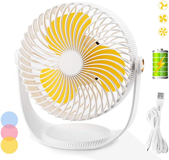 Desk Fan with USB Quiet Rechargeable Battery Fan with 3 Speeds 360 Degree Rotation Cooling Portable Personal Desktop Table Fan for Home Office Fishing Camping Travel - White/Yellow