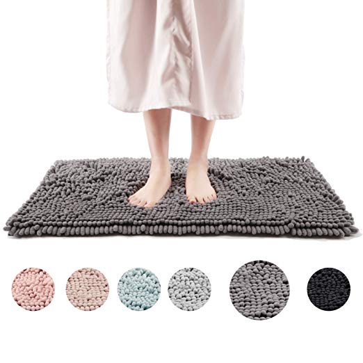 Freshmint Chenille Bath Rugs Extra Soft and Absorbent Microfiber Shag Rug, Non-Slip Runner Carpet for Tub Bathroom Shower Mat, Machine-Washable Durable Thick Area Rugs (20" x 32", Gray)