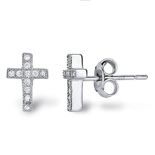 Sterling Silver Cubic Zirconia Classic Mini Cross Crucifix Stud Earrings
