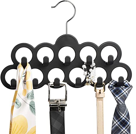 SMARTAKE Belt Hanger, 11 Loops Tie Rack with Hooks, 360 Degree Rotating Belt Organizer, Non-Slip Durable Hanging Closet Accessories Holder for Leather Belt, Bow Tie, Scarves and More, Black