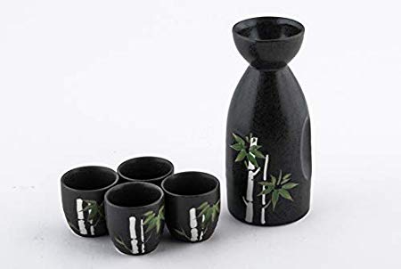 Japanese Asian Lucky Bamboo 12 fl oz Porcelain Sake Set Decanter with Four Cups Drinkware Gift Set