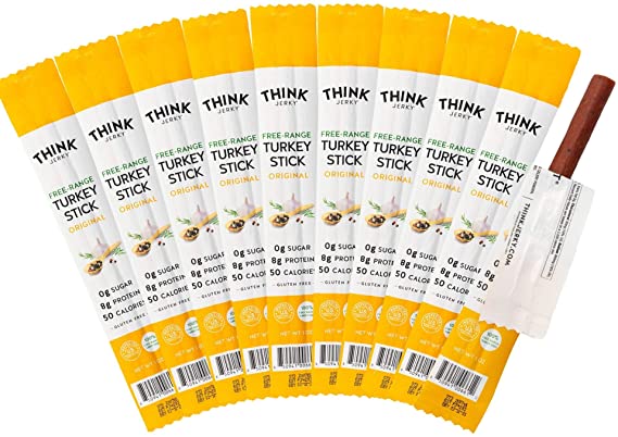 Original Free-Range Turkey Sticks by Think Jerky — Sugar Free, Gluten Free, Non-GMO, No Nitrates Jerky Snack — Keto, Paleo — High Protein, Low in Carbs — 1 oz (10 Pack)