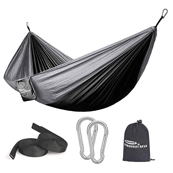 Forbidden Road Hammock Single Double Camping Lightweight Portable Parachute Hammock for Outdoor Hiking Travel Backpacking - Nylon Hammock Swing - Support 400lbs Ropes Carabineers (Black Grey)