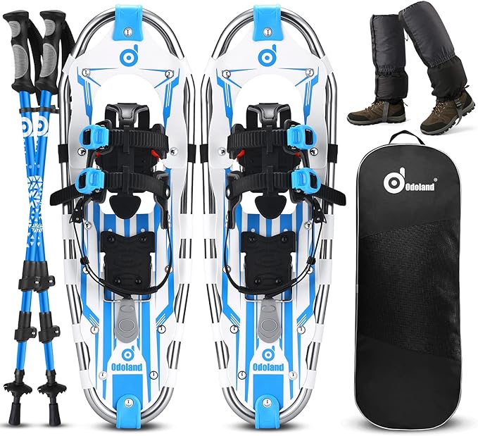 Odoland Lightweight 21/25/30 Inches Snowshoes for Men Women Youth Kids, Aluminum Alloy Terrain Snow Shoes Set with Trekking Poles Snow Leg Gaiters and Carrying Tote Bag