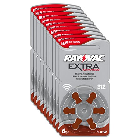 Rayovac Extra Advanced Zinc Air Hearing Aid Batteries, Size 312, Brown Tab, Pack of 60