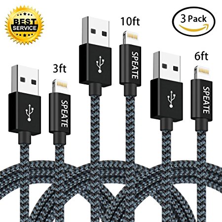 Lightning Cable, SPEATE iPhone Charging Charger Cable 3Pack 3FT 6FT 10FT Nylon Braided Lightning to USB Fast Syncing and Charging to iPhone 8/8 Plus 7/7 Plus/6/6 Plus/6s/6s Plus/5/5s/5c/SE, Black Cyan