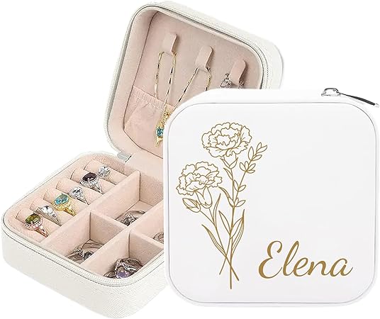 Personalised Jewelry Box,Custom Birth Flower Jewelry Organizer Box for Women Personalized Leather Jewelry Travel Case with Name, Custom Gifts for Birthday Anniversary Wedding for Girls Mom Wife