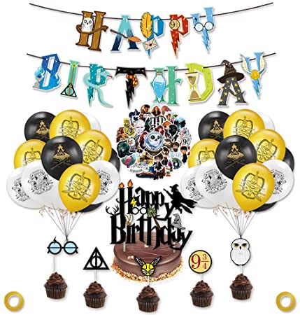 Magical Wizard Birthday Party Supplies Set, Happy Birthday Banner, Balloons,Stickers,Cake Topper,Cupcake Toppers - HP Theme Party Decorations（Set of 97）