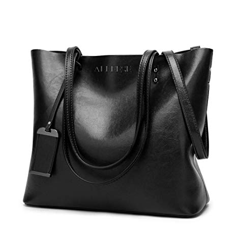 Womens Soft Leather Handbags Large Capacity Retro Vintage Top-Handle Casual Tote Shoulder Bags Black