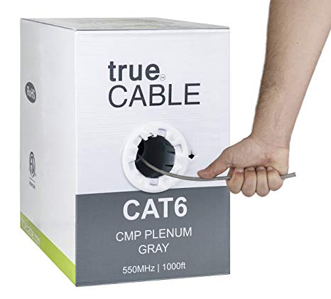 Cat6 Plenum (CMP), 1000ft, Gray, 23AWG 4 Pair Solid Bare Copper, 550MHz, ETL Listed, Unshielded Twisted Pair (UTP), Bulk Ethernet Cable, trueCABLE