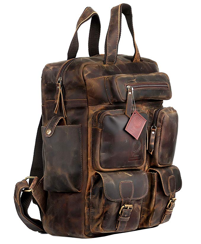 Ruzioon Vintage Buffalo Leather Backpack Multi Pockets Travel Bag for Men/Women