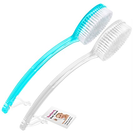 TopNotch Quality Bath Brush VALUE PACK - 2 Brushes. 1 Clear and 1 Blue, Shower Brush. Back Scrubber. Long handle