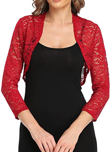 Dilgul Women's 3 4 Sleeve Shrugs Bolero Crochet Lace Open Cardigan Sheer Cover Up Jacket