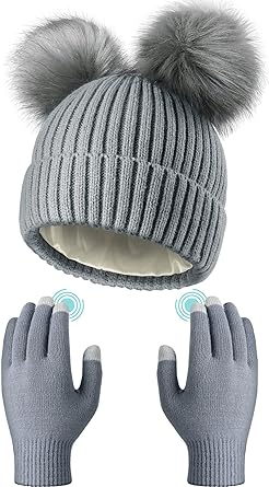 2 Pieces Satin Lined Winter Hats Women Pompon Beanies Winter Knitted Pom Hat Touchscreen Gloves Set for Women