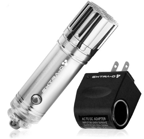 EXTRA-O Car Air Purifier Ionizer with Home 12V Adapter - Removes Cigarette Smoke Bacteria Odor Smell - Helps With Allergies - Mini Air Cleaner Gadget Smoke Eater Eliminator Remover - Silver