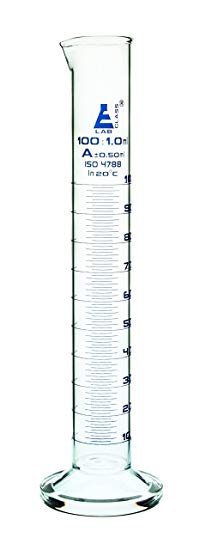 Measuring Cylinder, 100ml - Class A, Tolerance: ±0.50ml - Borosilicate Glass, Blue Graduations - Round Base - Eisco Labs