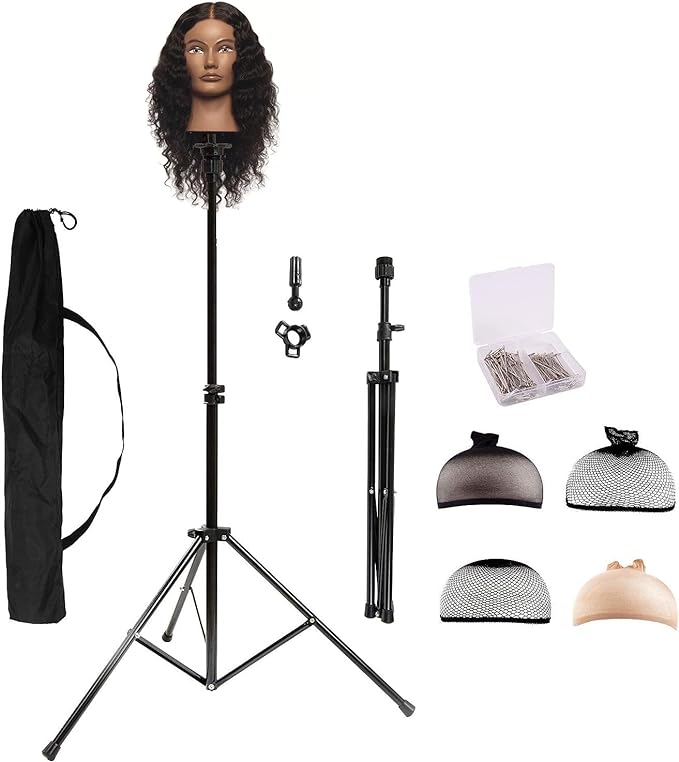 HYOUJIN Metal Adjustable Tripod Stand Holder for Hairdressing Training Head Mannequin Head with Carry Bag