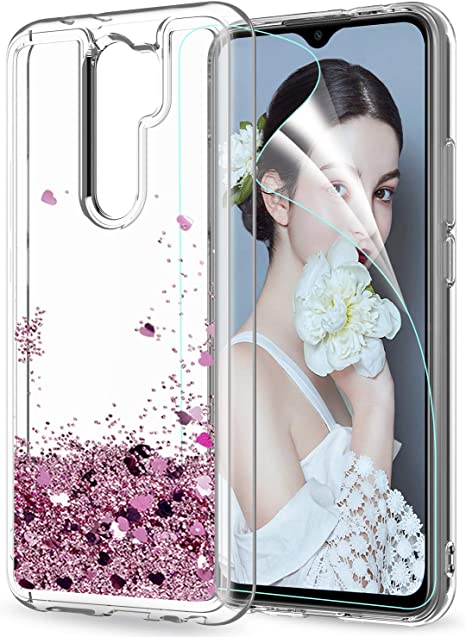 LeYi for Xiaomi Redmi 9 Case and Screen Protector, Girl Clear Glitter Sparkly Crystal Quicksand Cute Personalised Silicone TPU Shockproof Hard Mobile Phone Cover for Xiaomi Redmi 9 Rose Gold