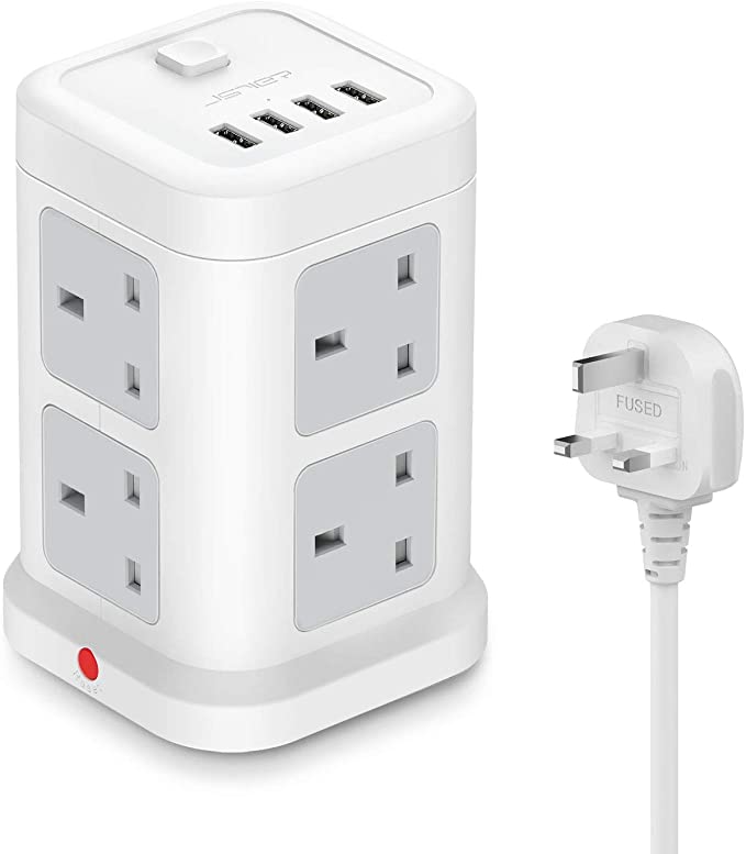 JSVER 8 Way Tower Extension Lead with USB Slots, Power Socket Surge Protector with 4 USB Charging Ports 2500W Overload Protection 2 Metre Extension Cable (White)