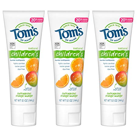 Tom's of Maine Anticavity Fluoride Children's Toothpaste, Kids Toothpaste, Natural Toothpaste, Outrageous Orange-Mango, 5.1 Ounce, 3-Pack