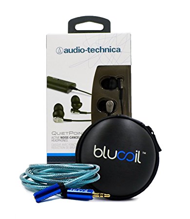 Audio-Technica ATH-ANC23 QuietPoint Active Noise-Cancelling In-Ear Headphones - INCLUDES - Blucoil 6 ft Extender PLUS Earbud Case - VALUE BUNDLE