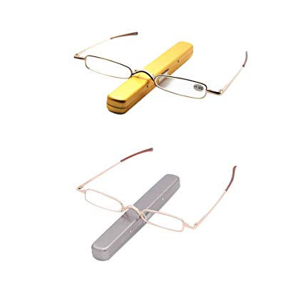 Reading Glasses 2 Pairs Metal Frame Mini Readers with Spring Hinge Portable Pen Clip for Men Women, 1.50 Strength