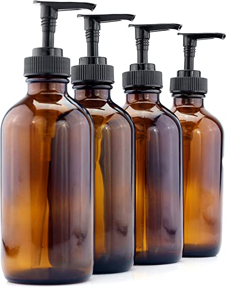 Cornucopia Brands 8-Ounce Amber Glass Pump Bottles (4-Pack); Empty Boston Round Bottles w/Black Plastic Lotion Pumps