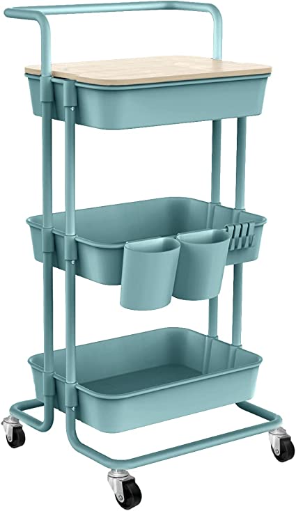 DTK 3 Tier Utility Rolling Cart with Cover Board, Rolling Storage Cart with Handle and Locking Wheels Kitchen Cart with 2 Small Baskets and 4 Hooks for Bathroom Office Balcony Living Room(Turquoise)