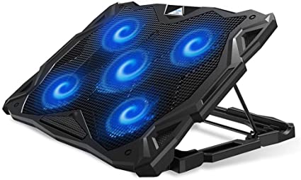 Pccooler Laptop Cooling Pad, Portable Laptop Stand with 6 Angle Adjustable & 5 Quiet Blue LED Fans for 12-17.3 Inch Gaming Laptop, Laptop Cooler Built-in Dual USB Ports Support Mouse Device, Keyboard