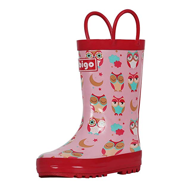 hibigo Children's Natural Rubber Rain Boots with Handles Easy for Little Kids & Toddler Girls Pattern and Boys Girls, Solid