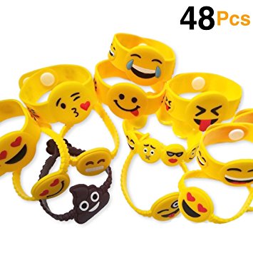 O'Hill 48 Pack Mixed Emoji Wristband Bracelets for Birthday Party Supplies Favors Prize Rewards